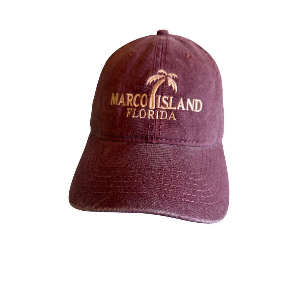 Marco Island Florida Palm Tree Washed Burgundy Baseball Cap One Size Cotton